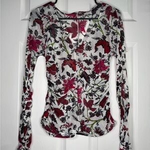 Diane Von Furstenberg White Long Sleeve Floral V-Neck Top with Pink & Red